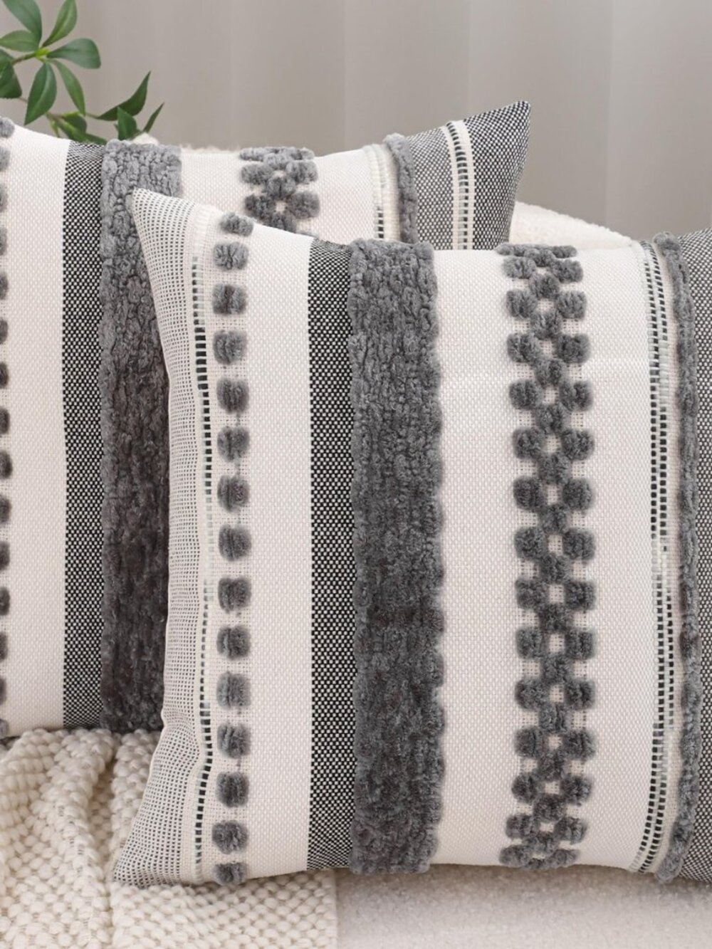 Boho Throw Pillow Covers 18x18 Set of 2 Neutral Farmhouse Decor Gray